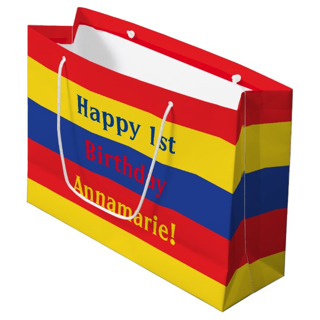 Primary Colours Red Yellow Blue 1st Birthday Party Large Gift Bag (Front Angled)