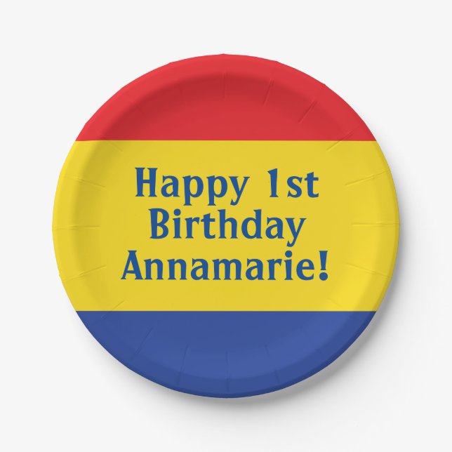 Primary Colours Red Yellow Blue 1st Birthday Party Paper Plate (Front)