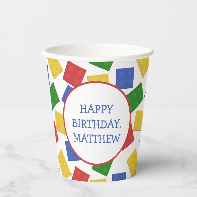 Primary Colours Toy Building Bricks Birthday Party Paper Cups (Front)