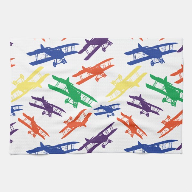 Primary Colours Vintage Biplane Aeroplane Pattern Tea Towel (Horizontal)