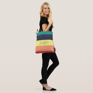 Primary Rainbow Colour Block Stripe Monogram Name Tote Bag