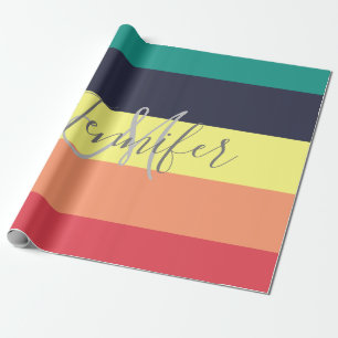 Primary Rainbow Colour Block Stripe Monogram Name Wrapping Paper