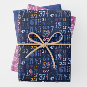 Prime Numbers Blue Set of 3 Wrapping Paper Sheets