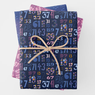 Prime Numbers Blue Set of 3 Wrapping Paper Sheets