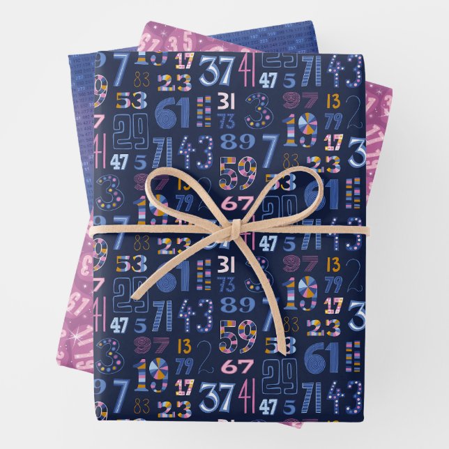 Prime Numbers Blue Set of 3 Wrapping Paper Sheets (In situ)