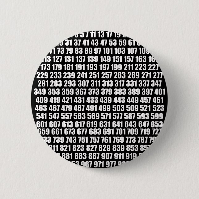 Prime numbers white on black 6 cm round badge (Front)