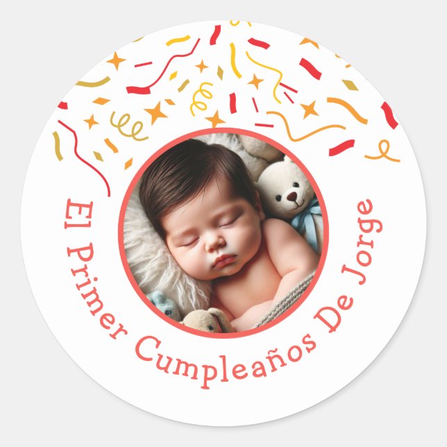 Primer Cumpleaños de Bebé Fiesta Infantil Con Foto Classic Round Sticker (Front)