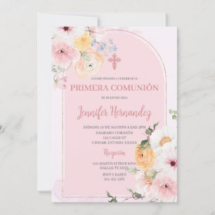 Primera comunión colour rosa con flores invitation