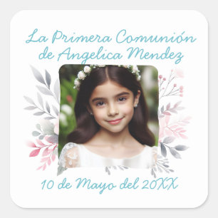 Primera Comunión con Foto y Flores Spanish Square Sticker