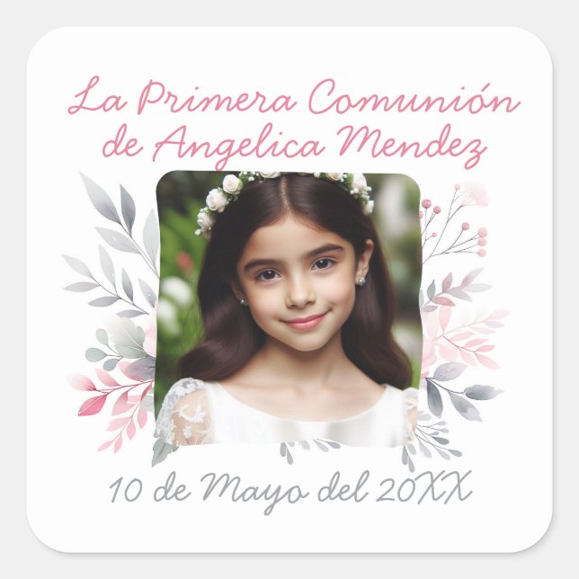 Primera Comunión con Foto y Flores Spanish Square Sticker (Front)