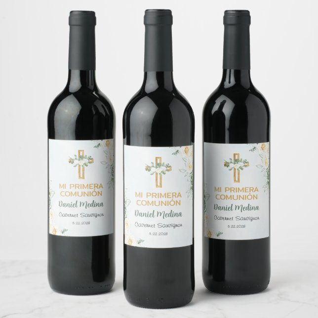 Primera Comunion Cross and Flowers First Communion Wine Label (Bottles)