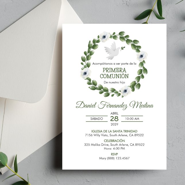 Primera Comunion Cute Green Leaves First Communion Invitation (Creator Uploaded)