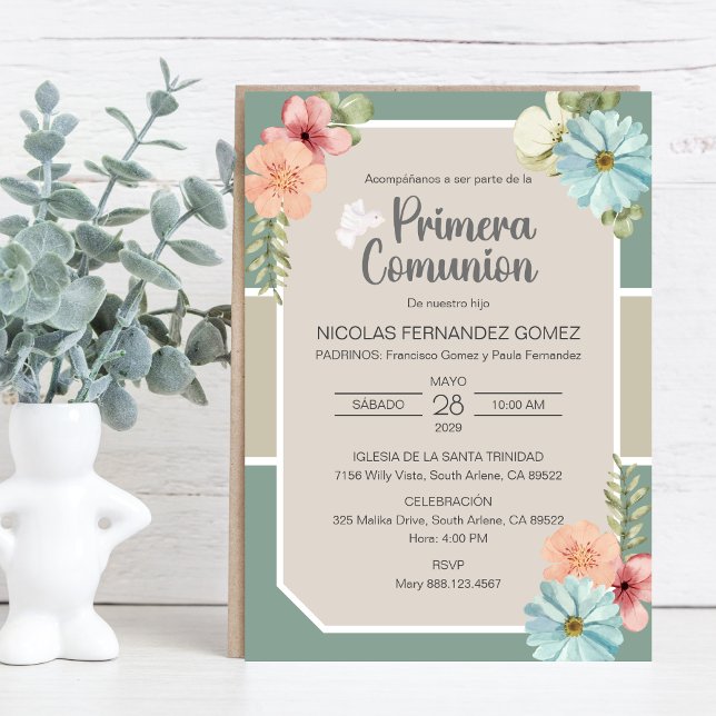 Primera Comunion Cute Pink Flowers First Communion Invitation (Creator Uploaded)