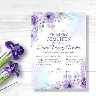 Primera Comunion Invitacion Cute Purple Flowers Invitation