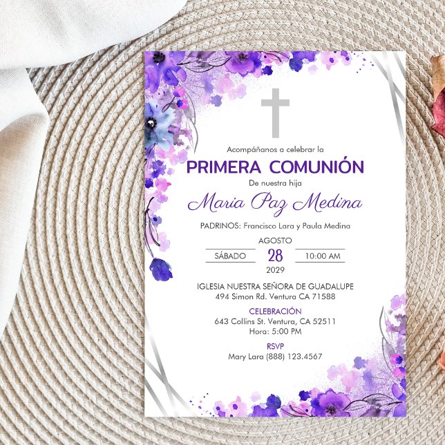 Primera Comunion Invitacion Cute Purple Flowers Invitation (Creator Uploaded)