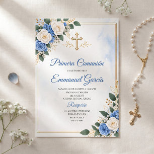 Primera Comunión Niño Azul y Dorado Catholic Invitation