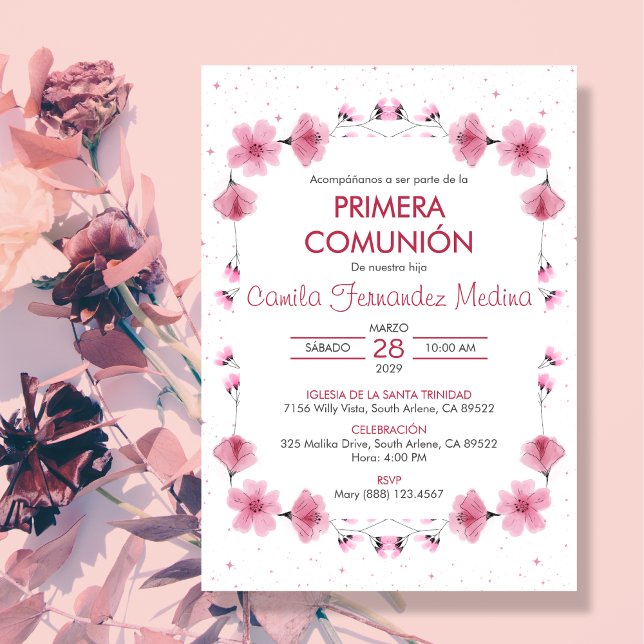 Primera Comunion Pink Flowers First Communion Invitation (Creator Uploaded)