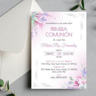 Primera Comunion Purple Flowers First Communion Invitation