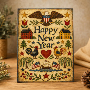 Primitive Americana Folk Art New Year Holiday Card