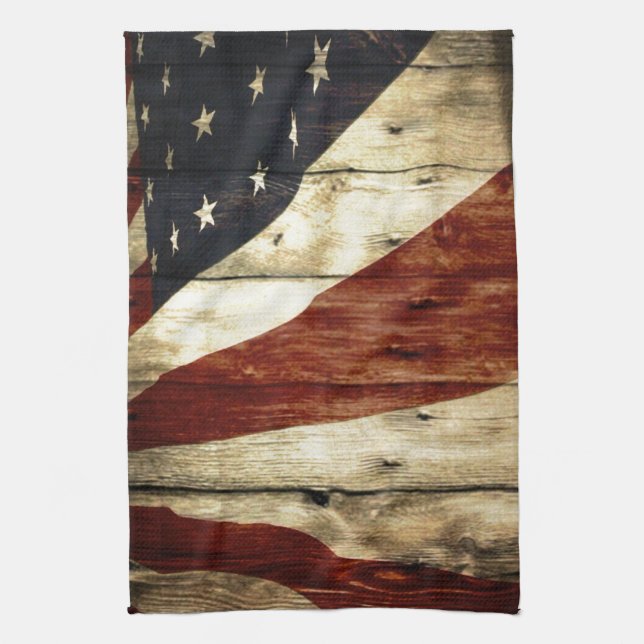 Primitive Americana woodgrain American Flag Tea Towel (Vertical)