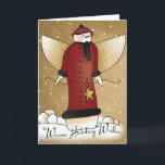 Primitive Angel Snowman with Star Christmas Card<br><div class="desc">An adorable primitive angel snowman all decked out in a red plaid coat is featured on this festive greeting card. The card features primitive,  country artwork with "Warm Holiday Wishes" on the cover and there is text inside,  that can be easily customised with your information.</div>