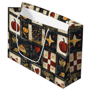 Primitive Autumn Quilt Pattern   Farmhouse Harvest Large Gift Bag