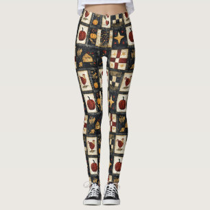 Primitive Autumn Quilt Pattern Farmhouse Harvest Leggings