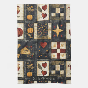 Primitive Autumn Quilt Pattern Farmhouse Harvest Tea Towel