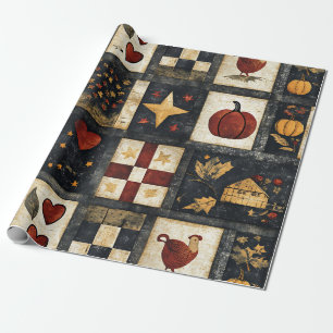Primitive Autumn Quilt Pattern   Farmhouse Harvest Wrapping Paper