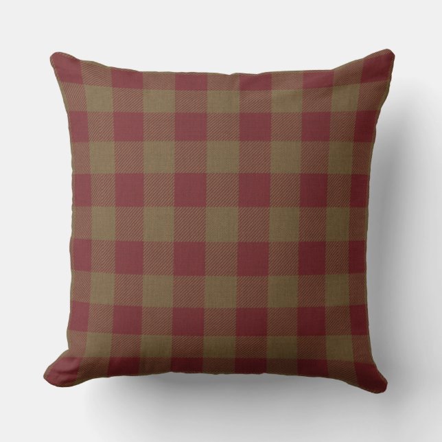 Primitive Autumn Rustic Cabin Red Check Plaid Cushion (Front)