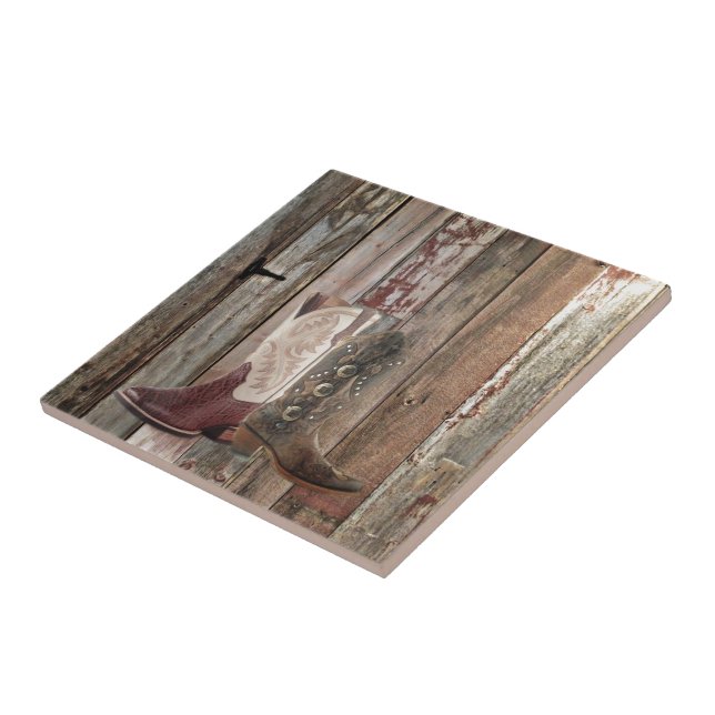 Primitive barn wood country Western Cowboy Boot Tile (Side)
