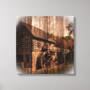 Primitive Barn Wood farmhouse mill water wheel Canvas Print