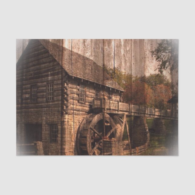 Primitive Barn Wood farmhouse mill water wheel Tissue Paper (Front)