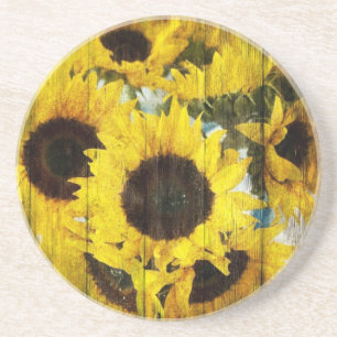 Primitive Barn Wood Western Country Sunflower Coaster