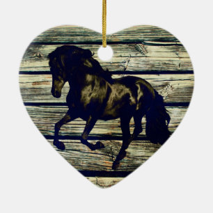 Primitive BarnWood Equestrian Black Stallion Horse Ceramic Tree Decoration