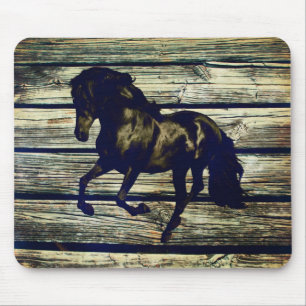 Primitive BarnWood Equestrian Black Stallion Horse Mouse Mat