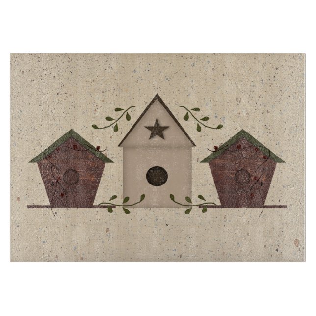 Primitive Bird Houses Glass Cutting Board (Front)
