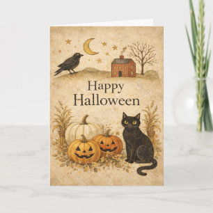Primitive Black Cat Folk Art Halloween Card