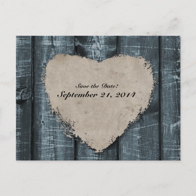 Primitive Blue Wood and Heart Save the Date Announcement Postcard (Front)