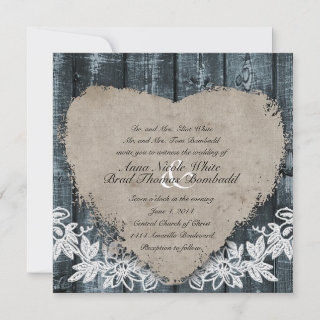 Primitive Blue Wood Heart Wedding Invitation (Front)