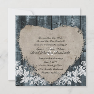 Primitive Blue Wood Heart Wedding Invitation