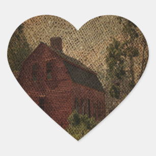 Primitive burlap country farmhouse red barn heart sticker