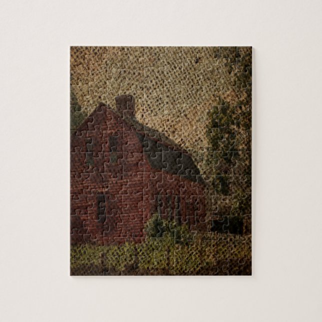 Primitive burlap country farmhouse red barn jigsaw puzzle (Vertical)