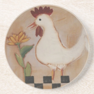 Primitive Chicken and Flower Painting Coaster