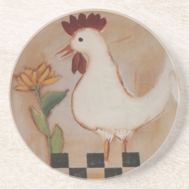 Primitive Chicken and Flower Painting Coaster (Front)