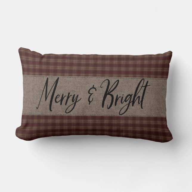 Primitive Christmas Burgundy Homespun Merry Lumbar Cushion (Front)