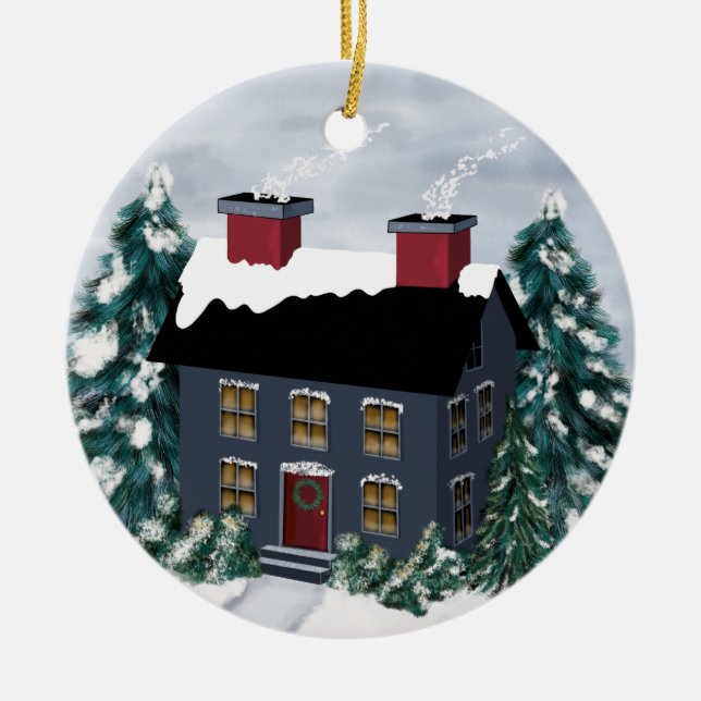 Primitive Christmas Scene House Ornament  (Front)