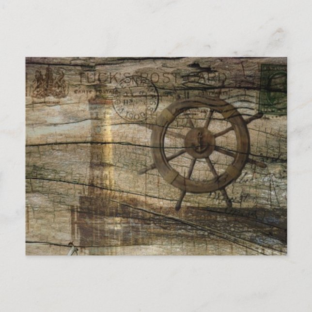 Primitive Coastal Nautical Helm Wheel lighthouse Postcard (Front)
