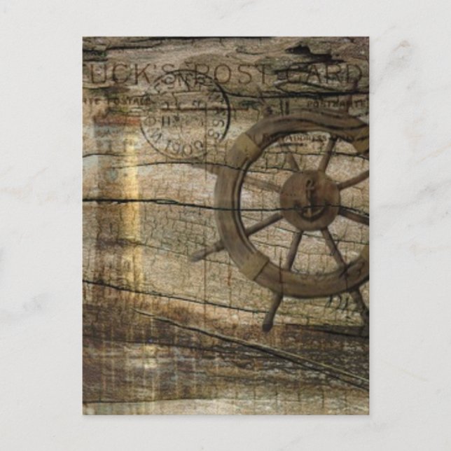 Primitive Coastal Nautical Helm Wheel lighthouse Postcard (Front)