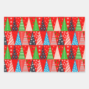 Primitive Colourful Christmas Trees and Snowflakes Wrapping Paper Sheet